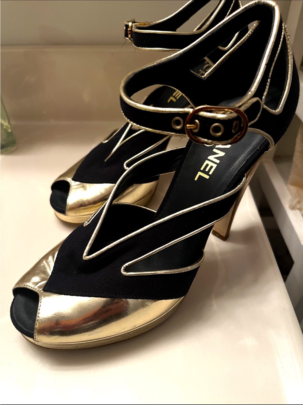 CHANEL Black and Gold Peep-Toe Ankle-Strap Heels